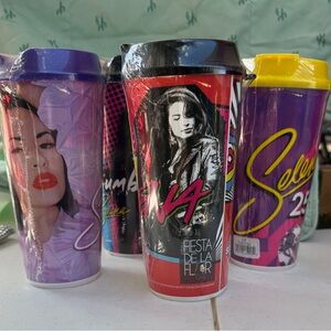 4 Selena Graphic Tumblers Set — Purple, Black, & Yellow lid.